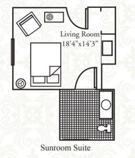 A simple floor plan showing a living room and bathroom layout.