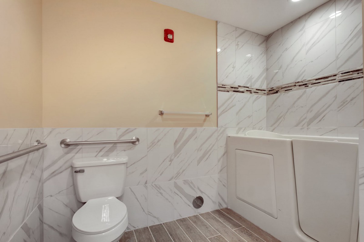 A modern bathroom with a toilet and walk-in bathtub, featuring tile flooring and wall tiles.