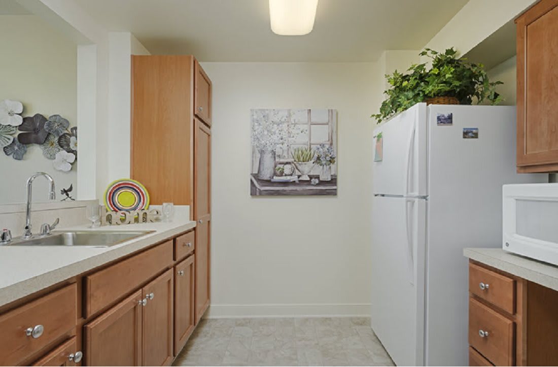 A small kitchen featuring wooden cabinets, a white refrigerator, and decorative plants on top, with artwork adorning the wall.