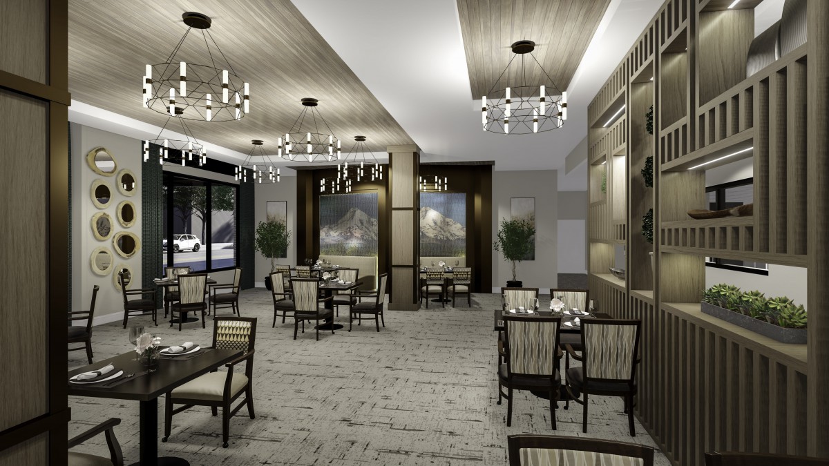 A modern restaurant interior with elegant chandeliers and a stylish dining area.