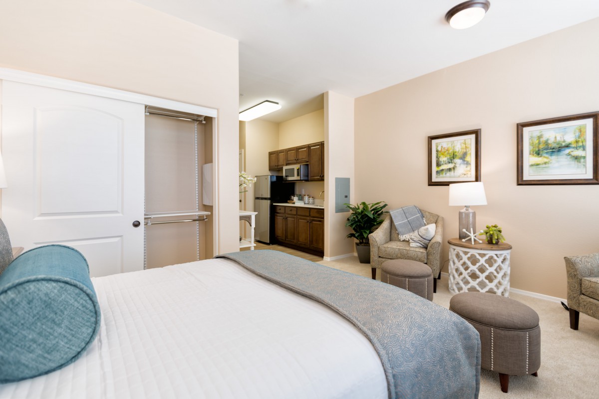 A modern and cozy bedroom with a kitchenette, featuring contemporary furniture and decor.
