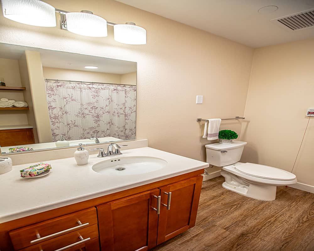 A well-lit bathroom featuring a sink with wooden vanity, toilet, and shower with a floral curtain.