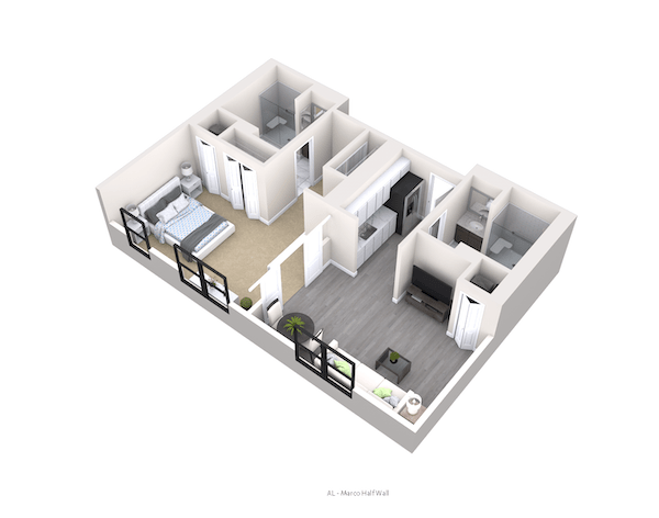 A 3D floor plan of a one-bedroom apartment featuring a living room, kitchen, and bathroom.