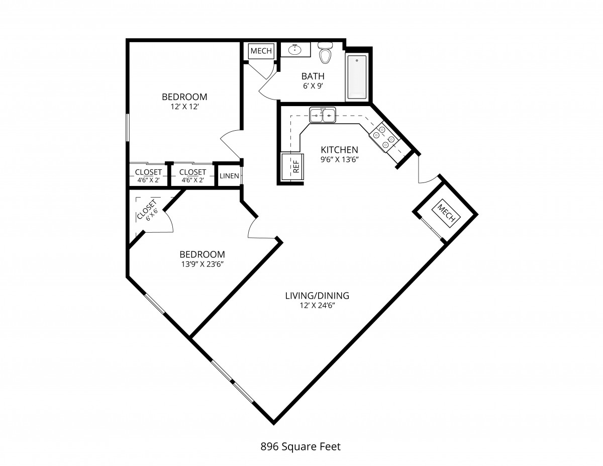 A detailed floor plan of a two-bedroom apartment featuring a living room, kitchen, bathroom, and laundry area.