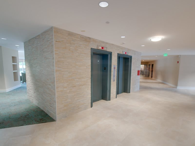 A modern hallway featuring two elevator doors.