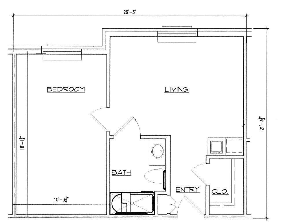 A floor plan of a one-bedroom apartment with a living area, kitchen, and bathroom.