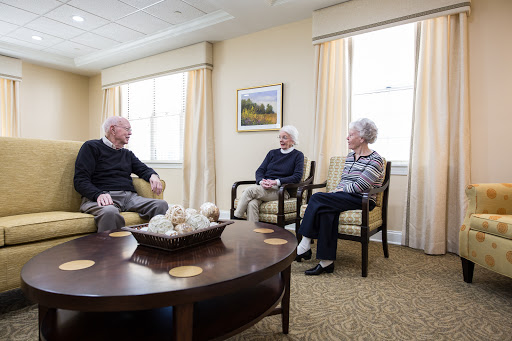 A group of elderly individuals engaged in conversation in a cozy indoor setting.