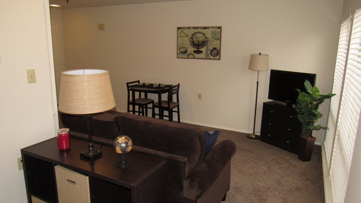 A cozy living room with a sofa, dining table, and television.