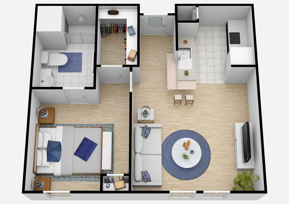 A detailed floor plan of a one-bedroom apartment, showcasing the layout of the living room, kitchen, bedroom, and bathroom.