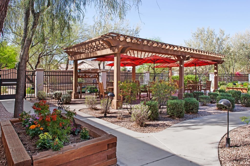A peaceful garden setting with a wooden pergola and outdoor seating.