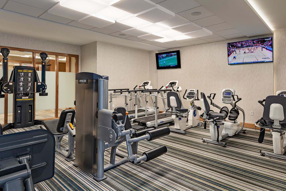 A modern gym with various exercise machines and workout equipment.