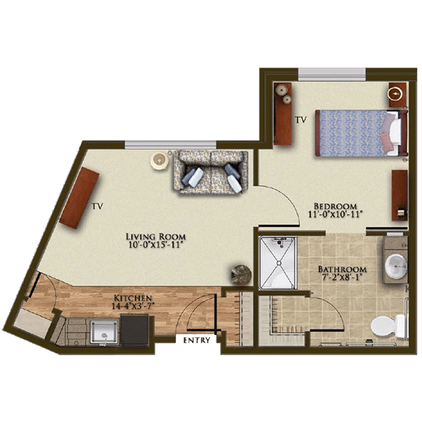 A detailed floor plan of a one-bedroom apartment, including a living room, kitchen, and bathroom.