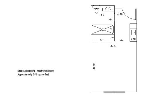 A schematic floor plan showing the layout and dimensions of a compact apartment or room.