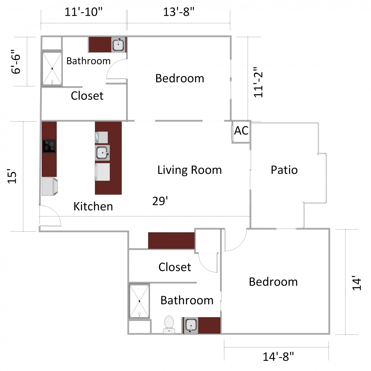 Floor plan of a two-bedroom apartment with a living room, kitchen, patio, and bathrooms.