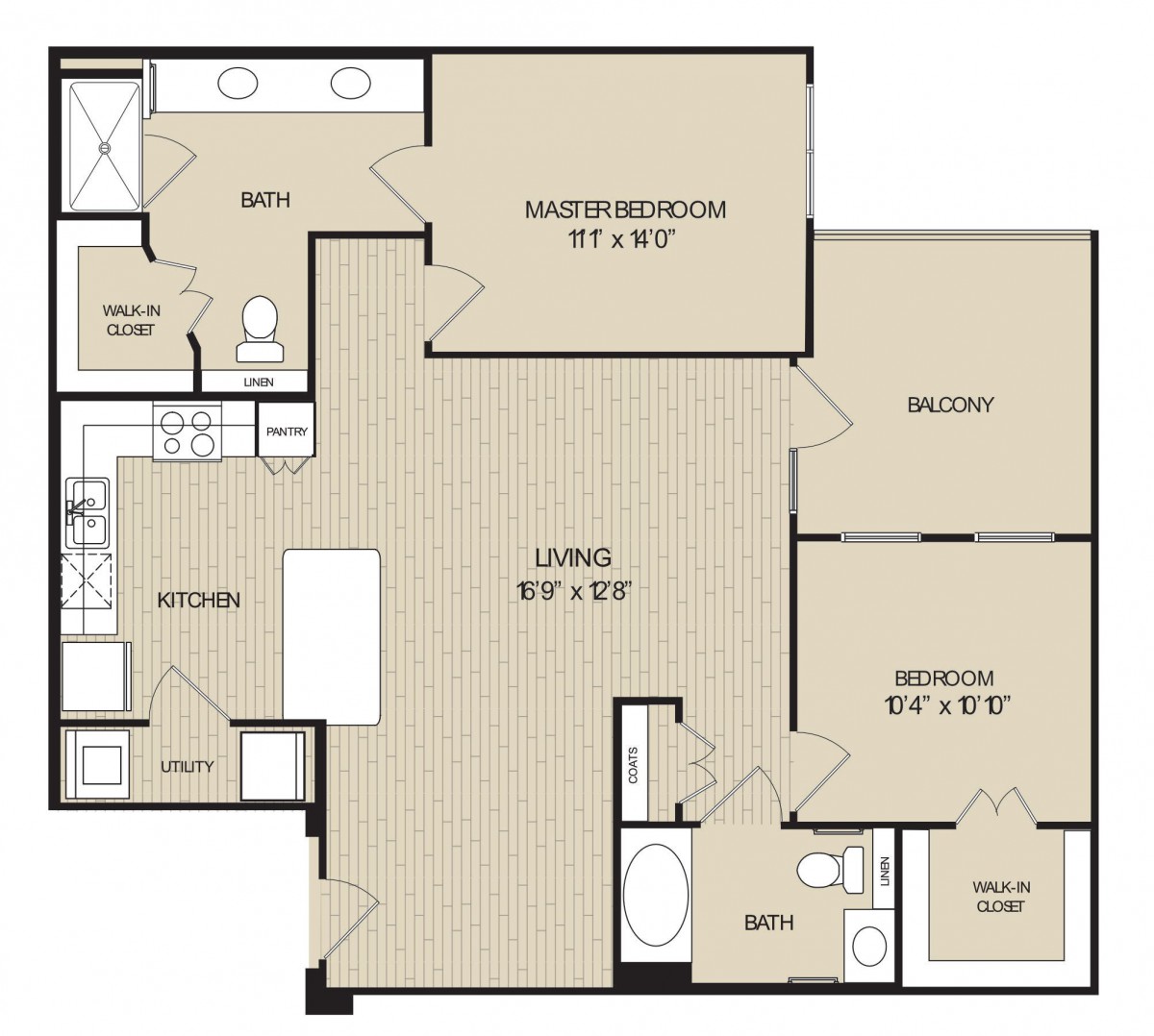 A 2-bedroom apartment floor plan with labeled living room, kitchen, and bathrooms.
