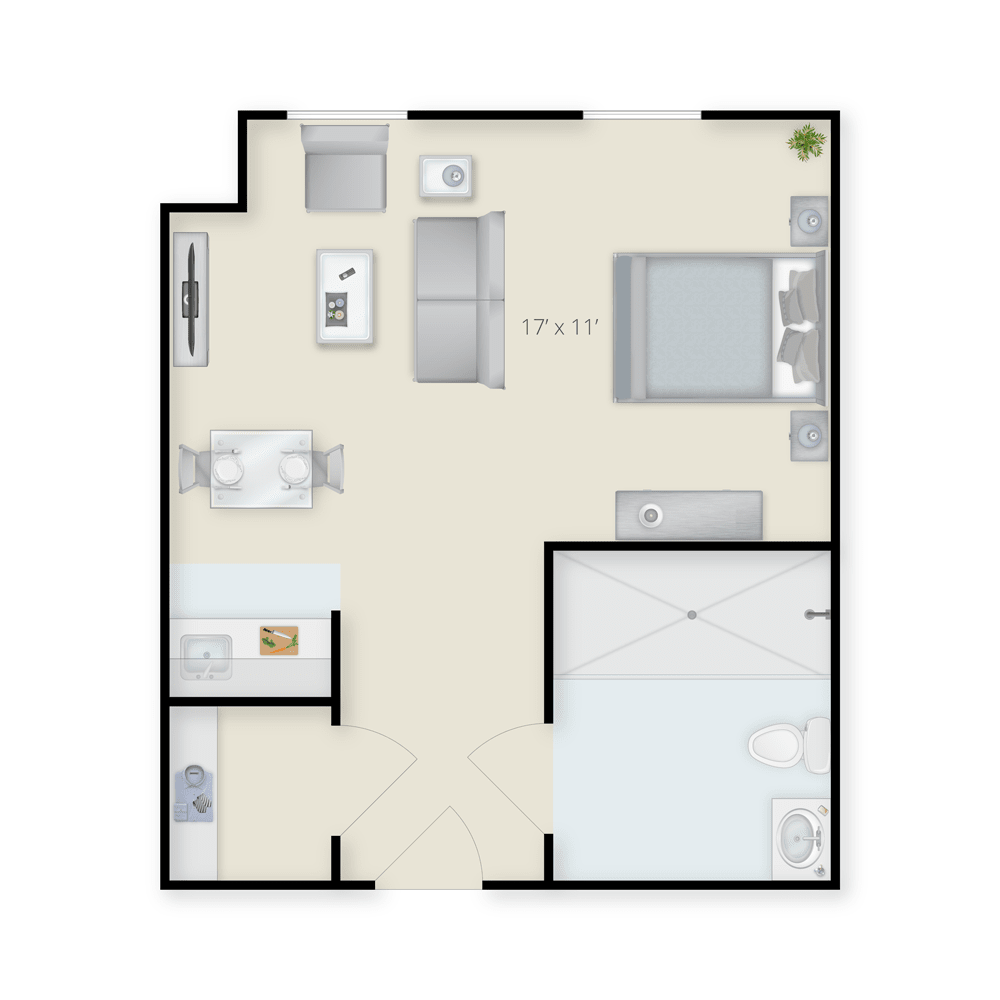 A floor plan of a one-bedroom apartment featuring an open-concept kitchen and living area, a bathroom, and designated spaces for furniture.