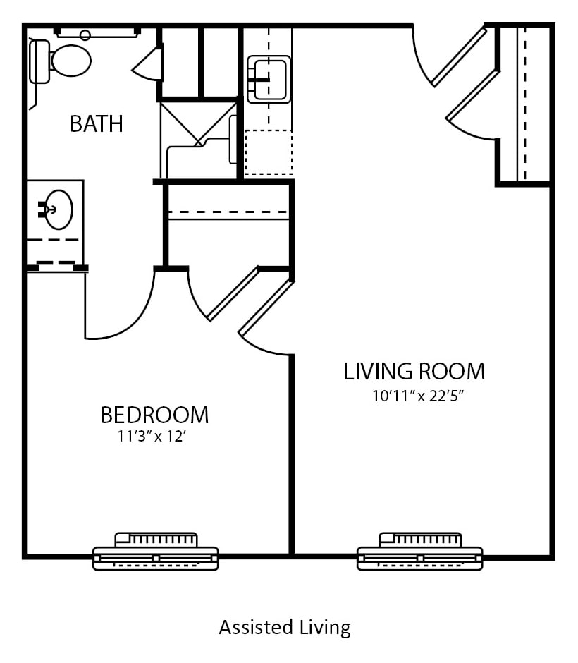 A floor plan of a one-bedroom apartment featuring a bathroom and a spacious living room.