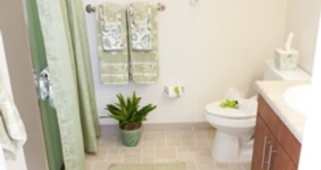 A neatly organized bathroom with green-themed decor, including towels and a potted plant.