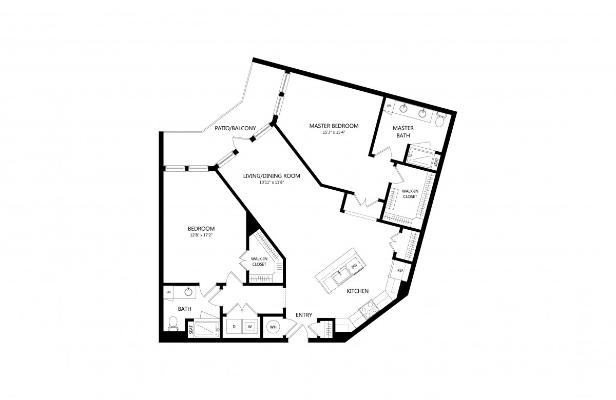 A floor plan of a two-bedroom apartment with a living room, kitchen, and two bathrooms.