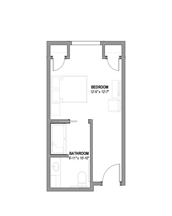 A compact apartment floor plan featuring a bedroom and bathroom layout.