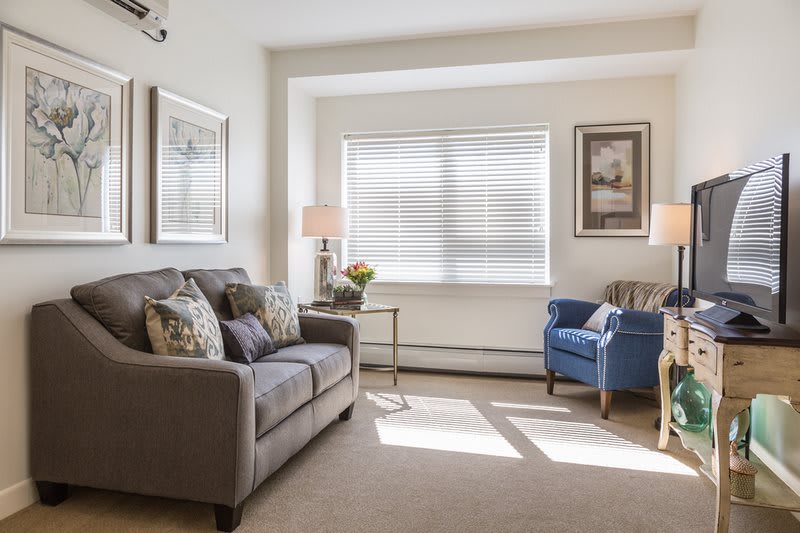 A cozy living room with a sofa, armchair, and window allowing plenty of natural light.