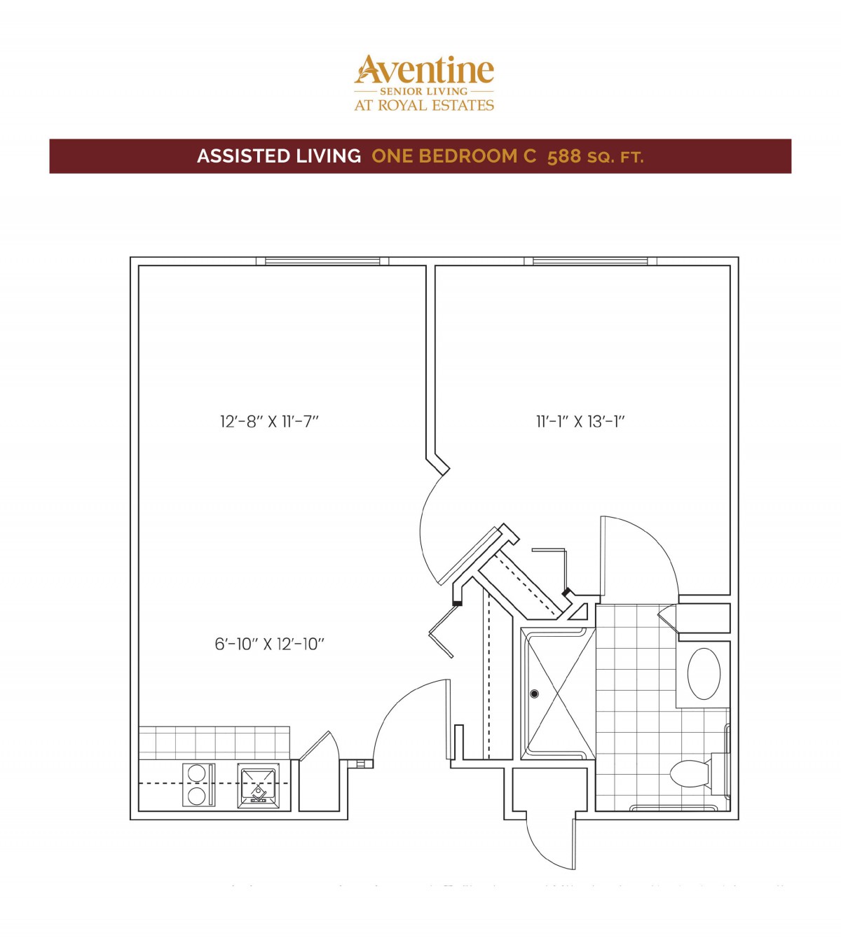 A floor plan for a one-bedroom apartment with designated areas for the living room, kitchen, and bathroom.