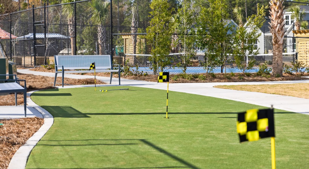 A putting green with multiple flags and lush trees in the background.