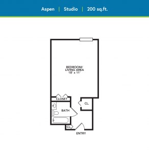 A floor plan for a 300 sq ft studio apartment labeled Aspen.