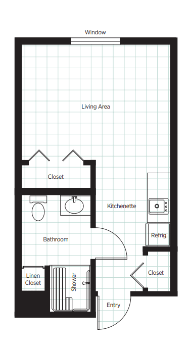 A floor plan layout of a studio apartment with designated areas for living, kitchen, bathroom, and closet.