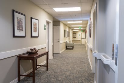 A well-lit office hallway with artwork on the walls and a carpeted floor.