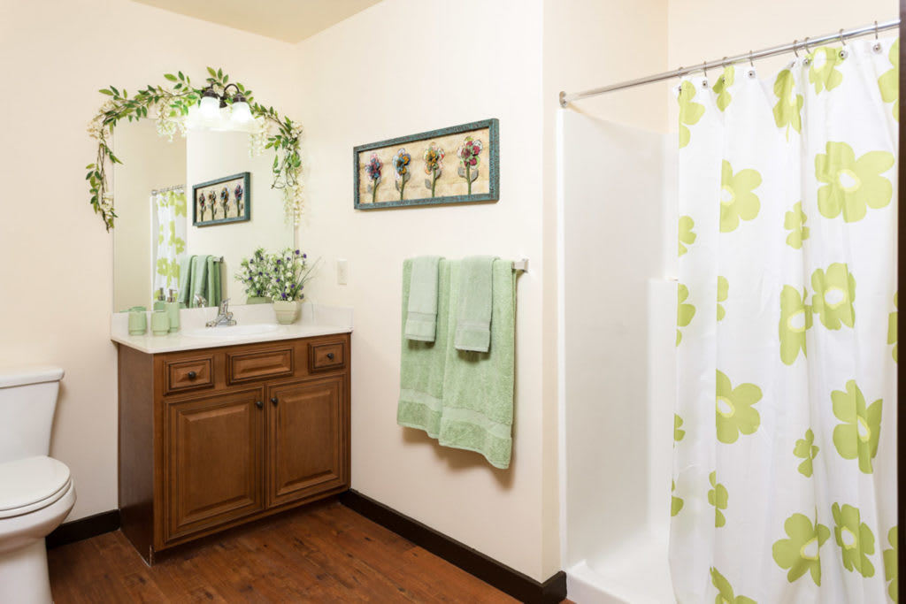 A neatly organized bathroom with wooden cabinets, a mirror, and green-themed decor.
