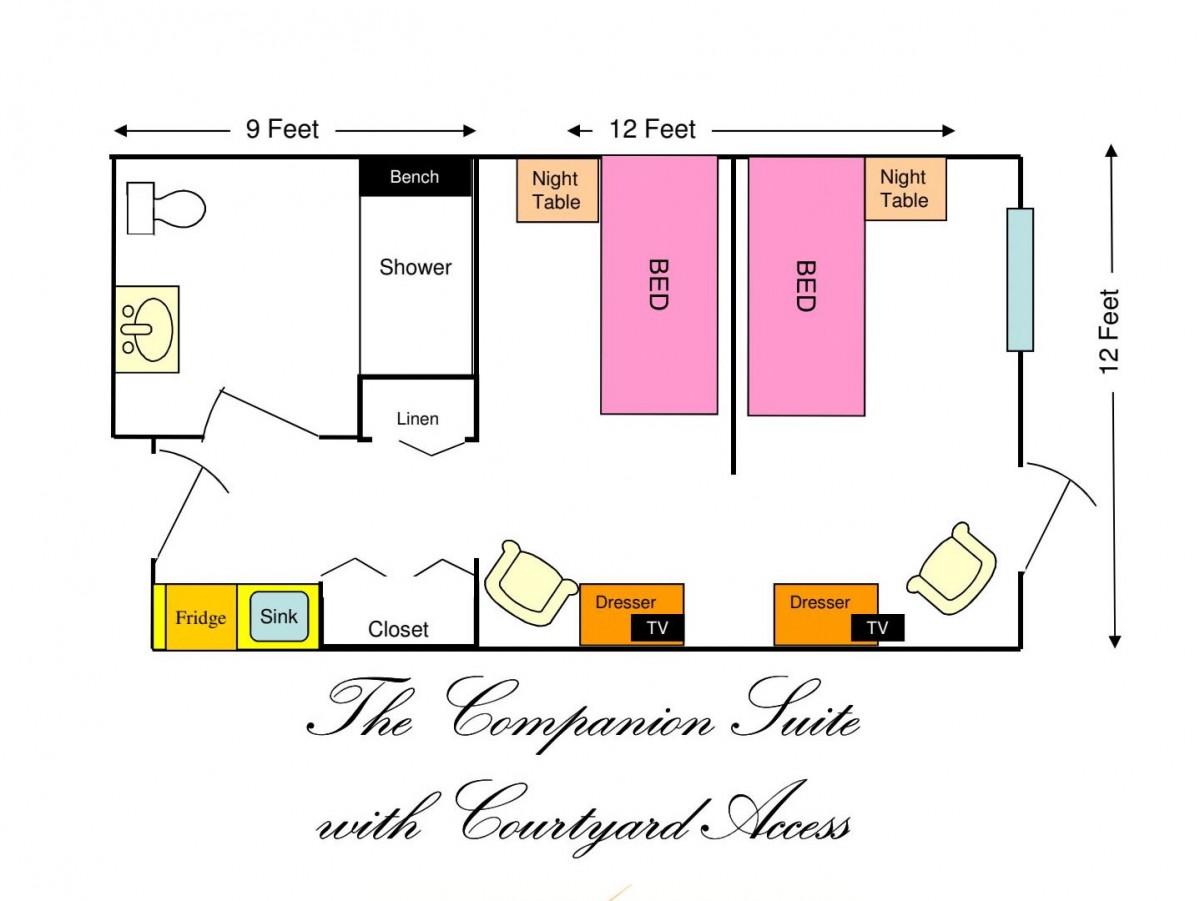 Floor plan of the Companion Suite with Courtyard Access, including two beds, a night table, and seating area.