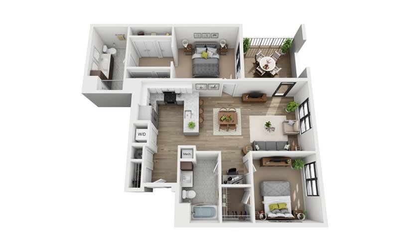 A 3D floor plan of a modern apartment showcasing interior layout and furniture arrangement.