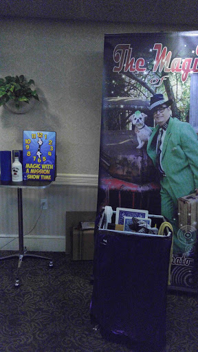 A promotional setup featuring a colorful banner and display items, showcasing a figure in a green suit holding a dog.