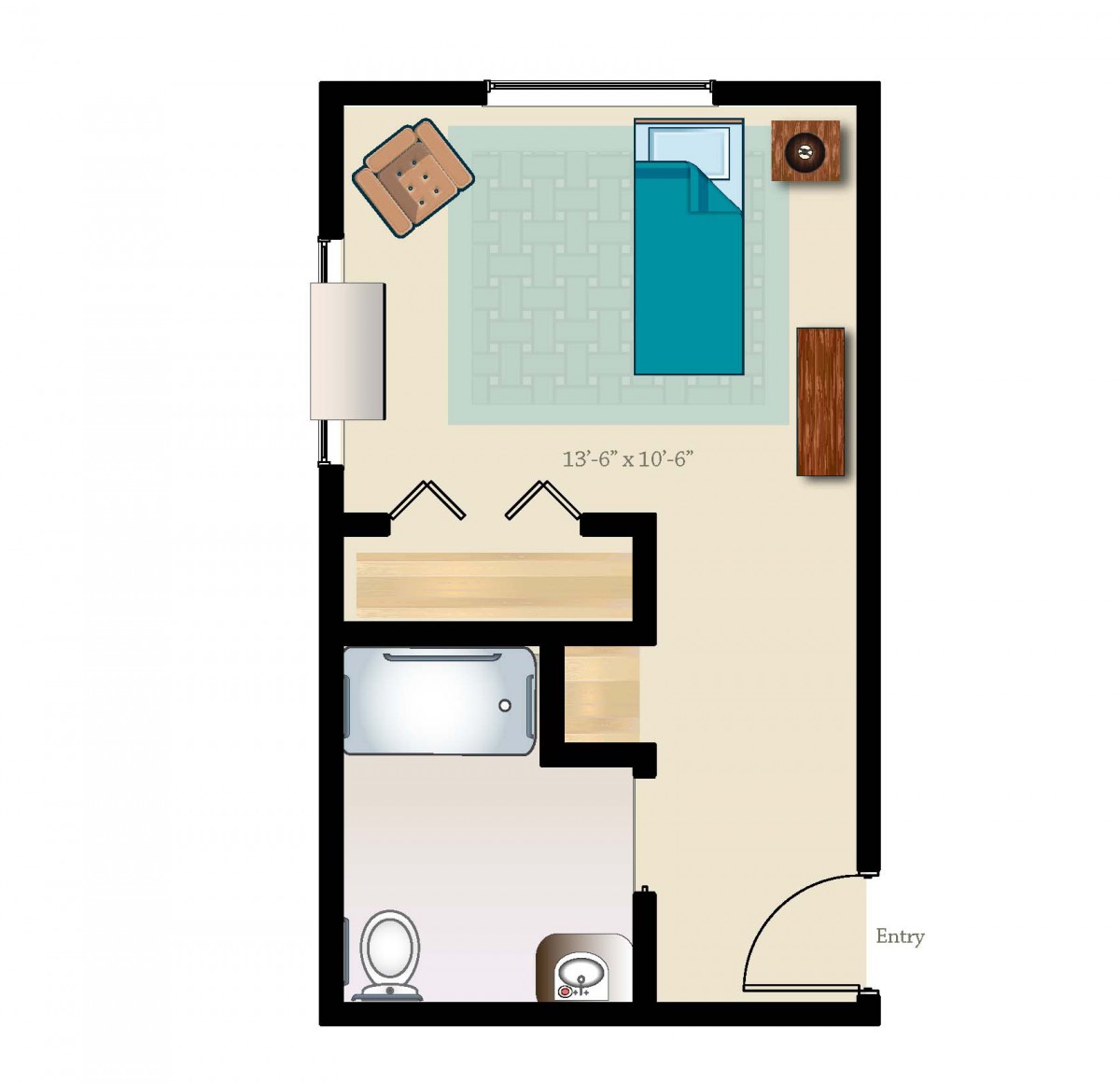 A simple floor plan of a small studio apartment featuring a bed, sitting area, and bathroom.