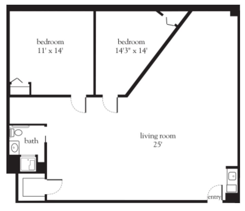 A floor plan of an apartment showing two bedrooms, a bathroom, and a living room.