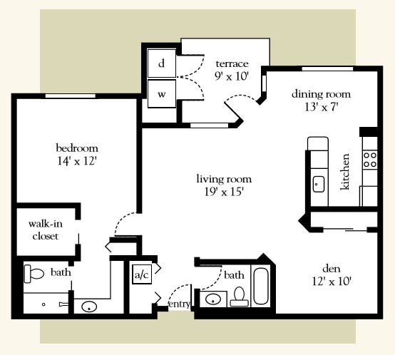 This image shows a detailed floor plan of an apartment with labeled rooms including bedrooms, bathrooms, kitchen, dining room, living room, and terrace.