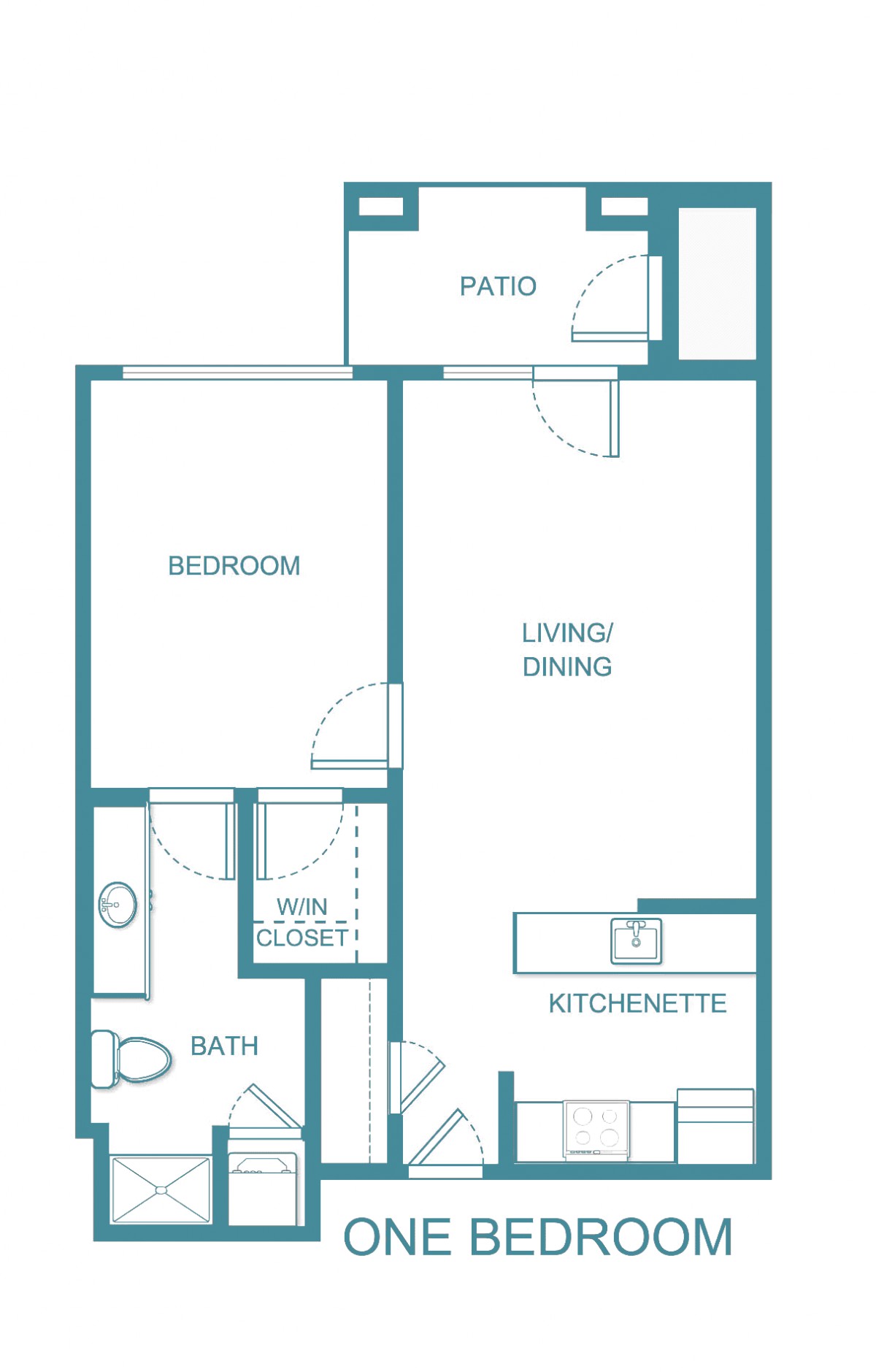 A detailed floor plan of a one-bedroom apartment with a kitchenette, living/dining area, bathroom, vanity closet, and patio.