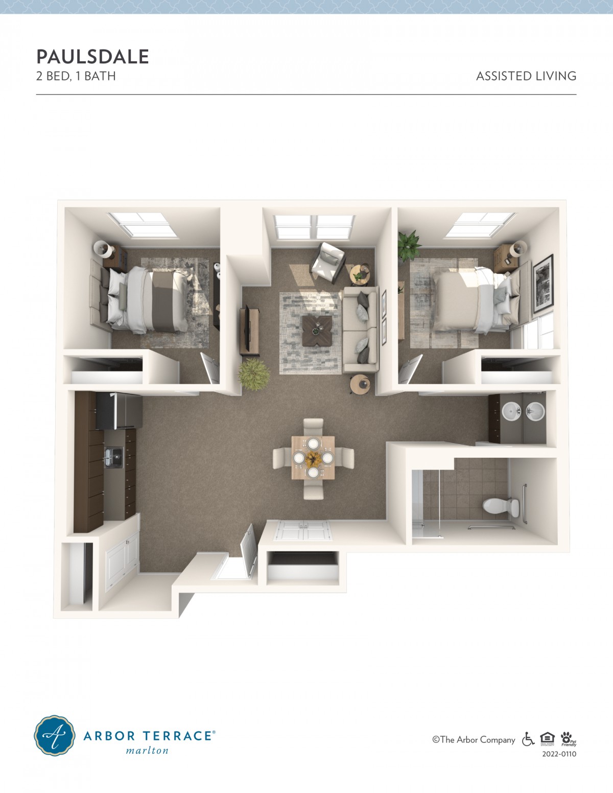 A 3D floor plan of a two-bedroom apartment with a central living area, kitchen, and bathroom.