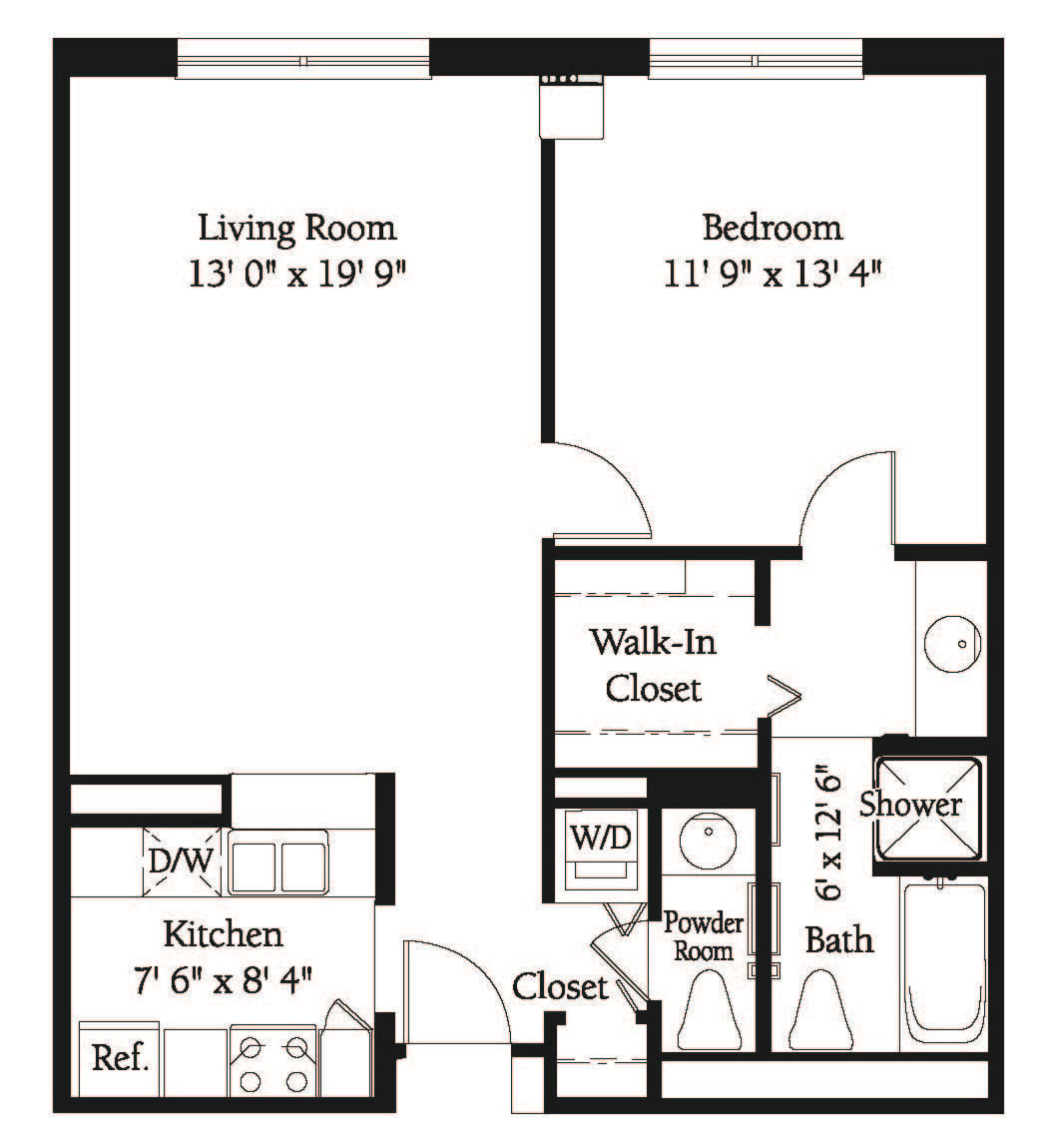 One-bedroom apartment floor plan with labeled rooms including living room, kitchen, bathroom, and closets.