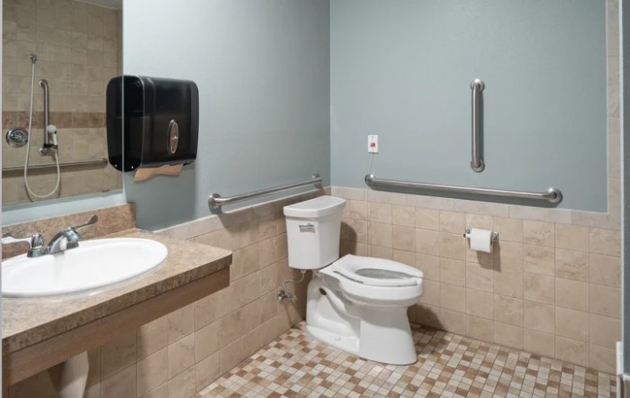 A clean and accessible public bathroom with a toilet, sink, and handrails.