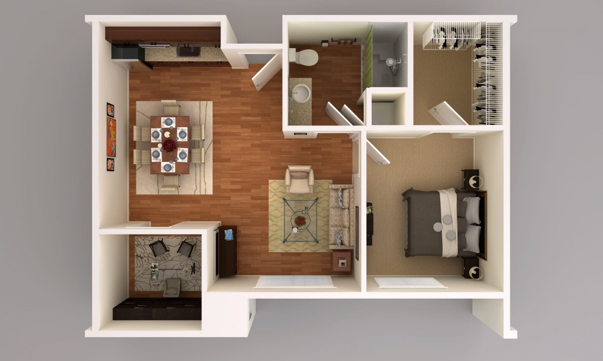 A 3D floor plan of an apartment featuring a bedroom, living room, dining area, kitchen, and bathroom.
