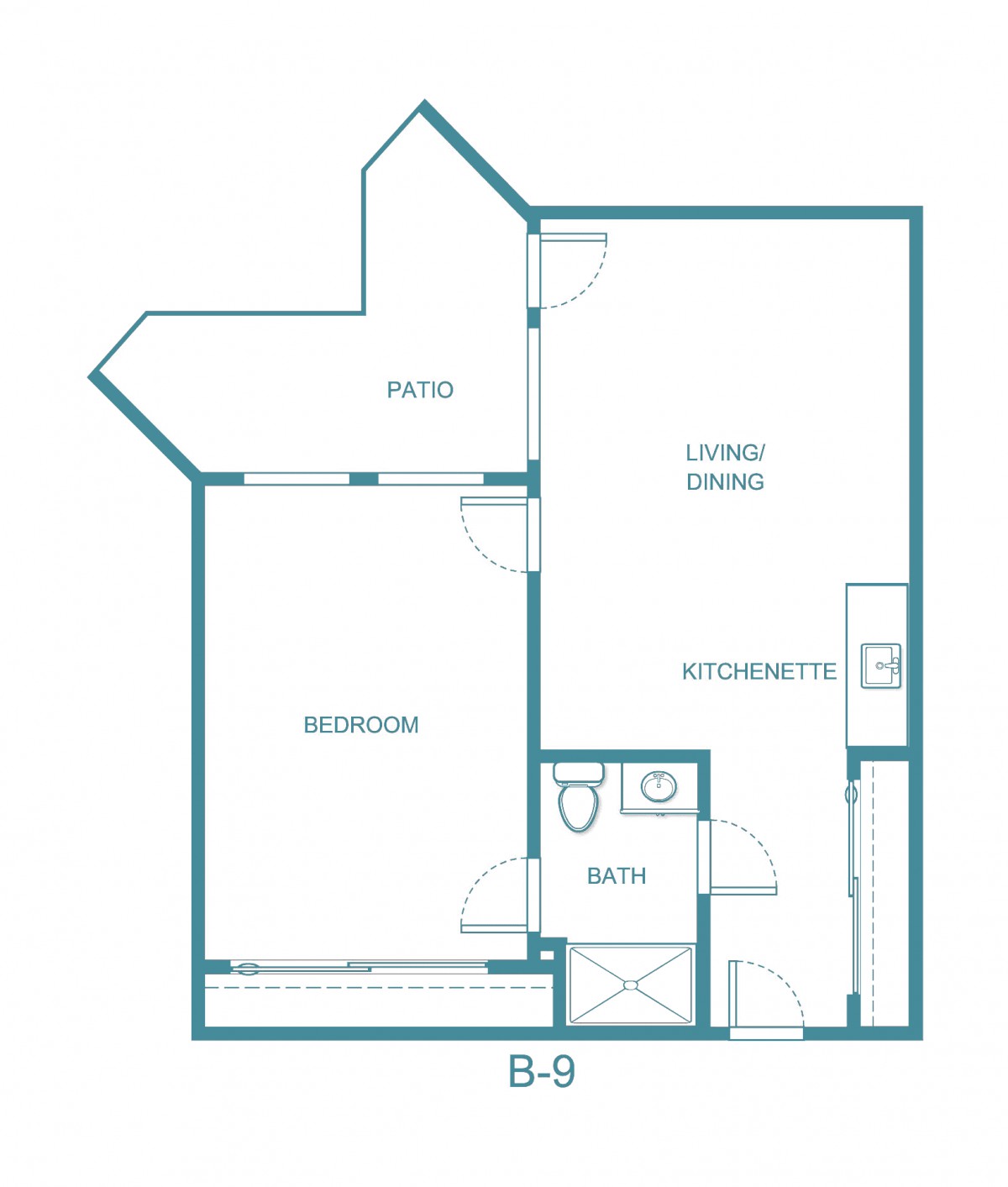 A simple floor plan featuring a one-bedroom apartment with a living/dining area, kitchenette, and bathroom.
