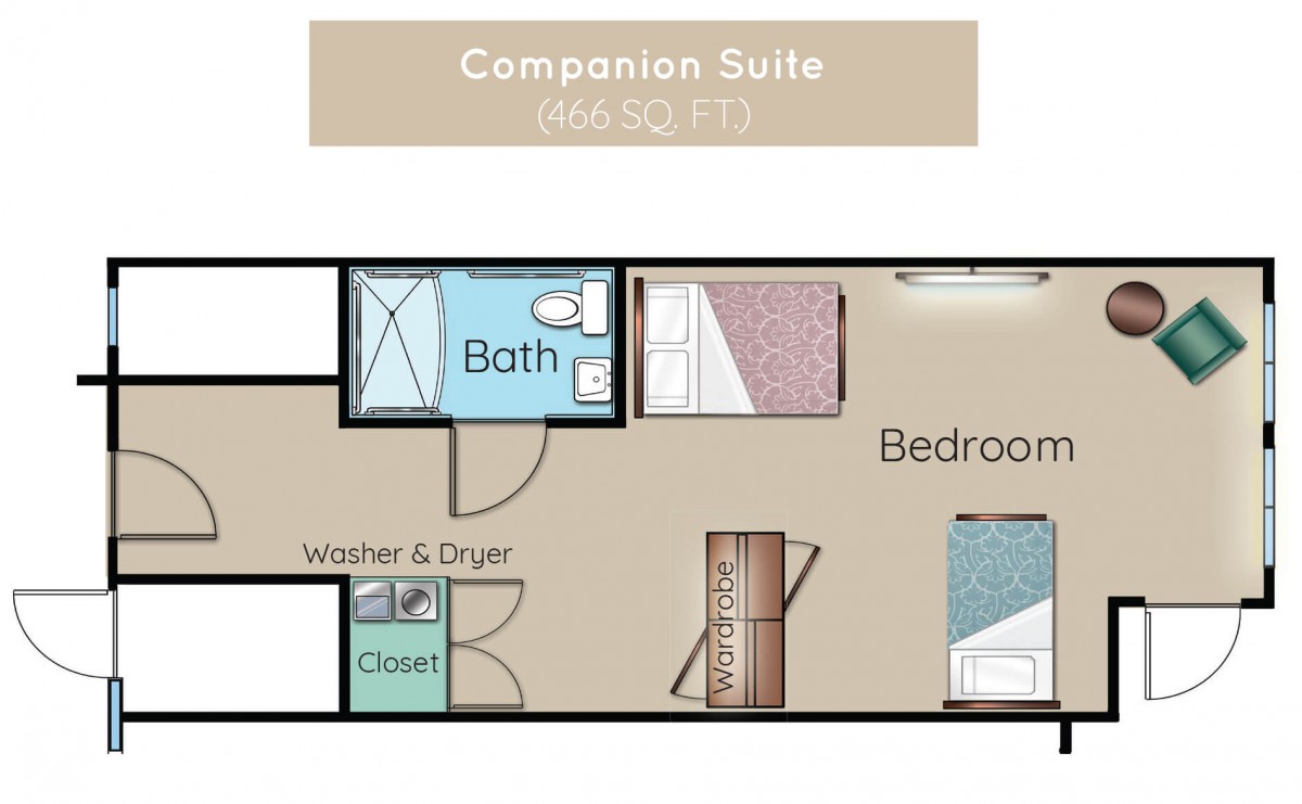 Companion Suite floor plan featuring a bedroom, bathroom, washer and dryer, and closet.