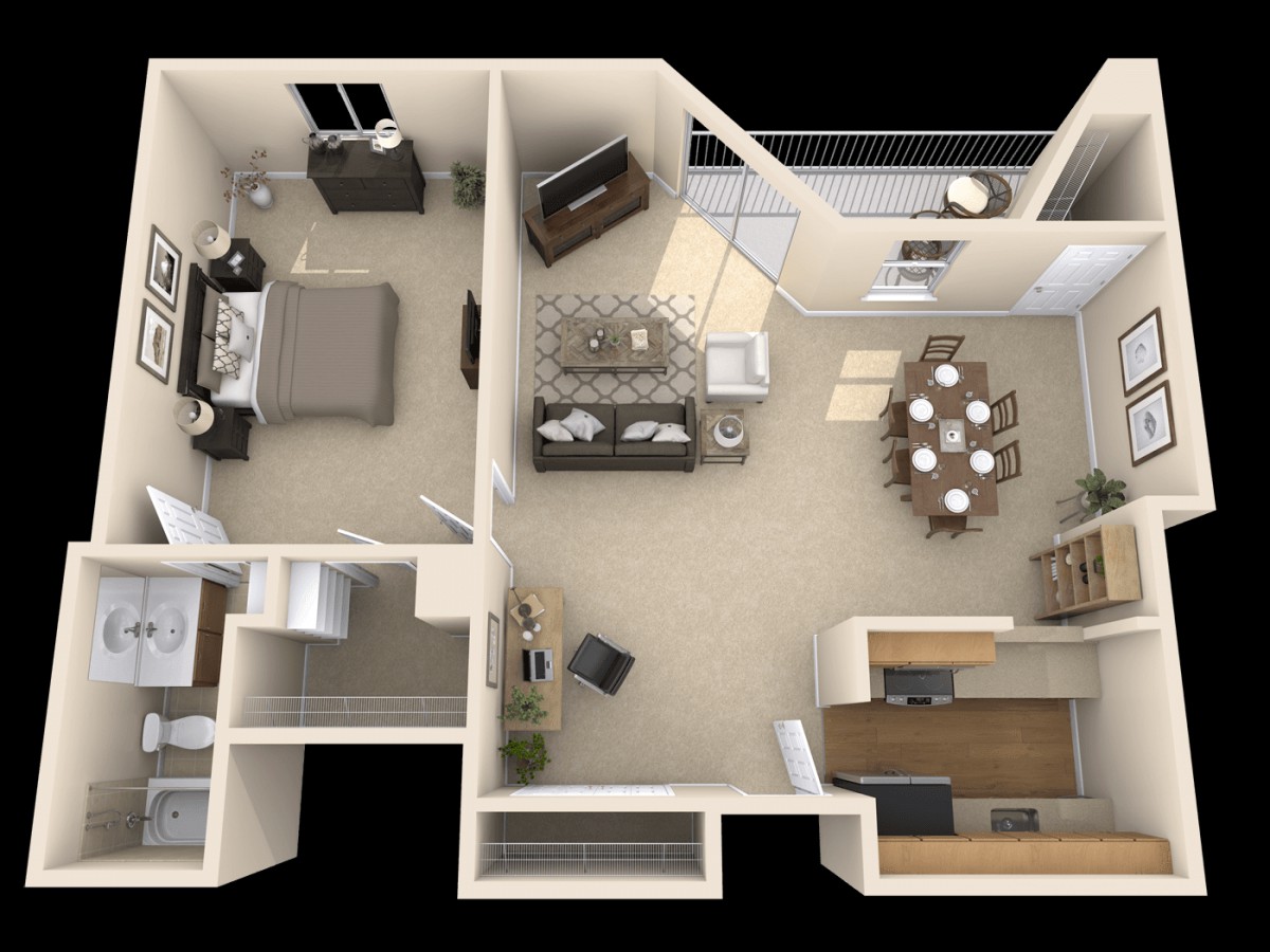 A one-bedroom apartment floor plan featuring a living room, kitchen, dining area, and bathroom.