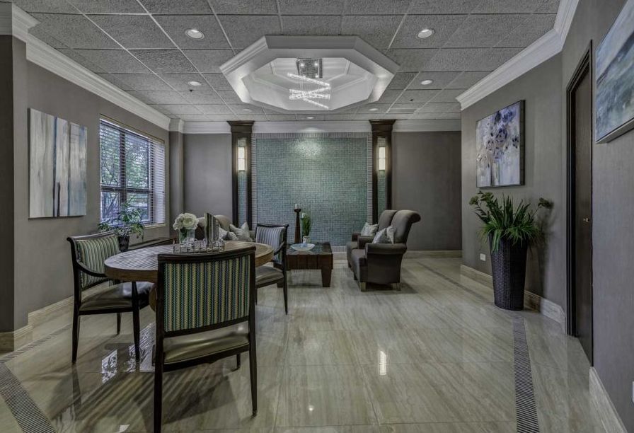 A modern lobby with elegant seating and stylish decor.