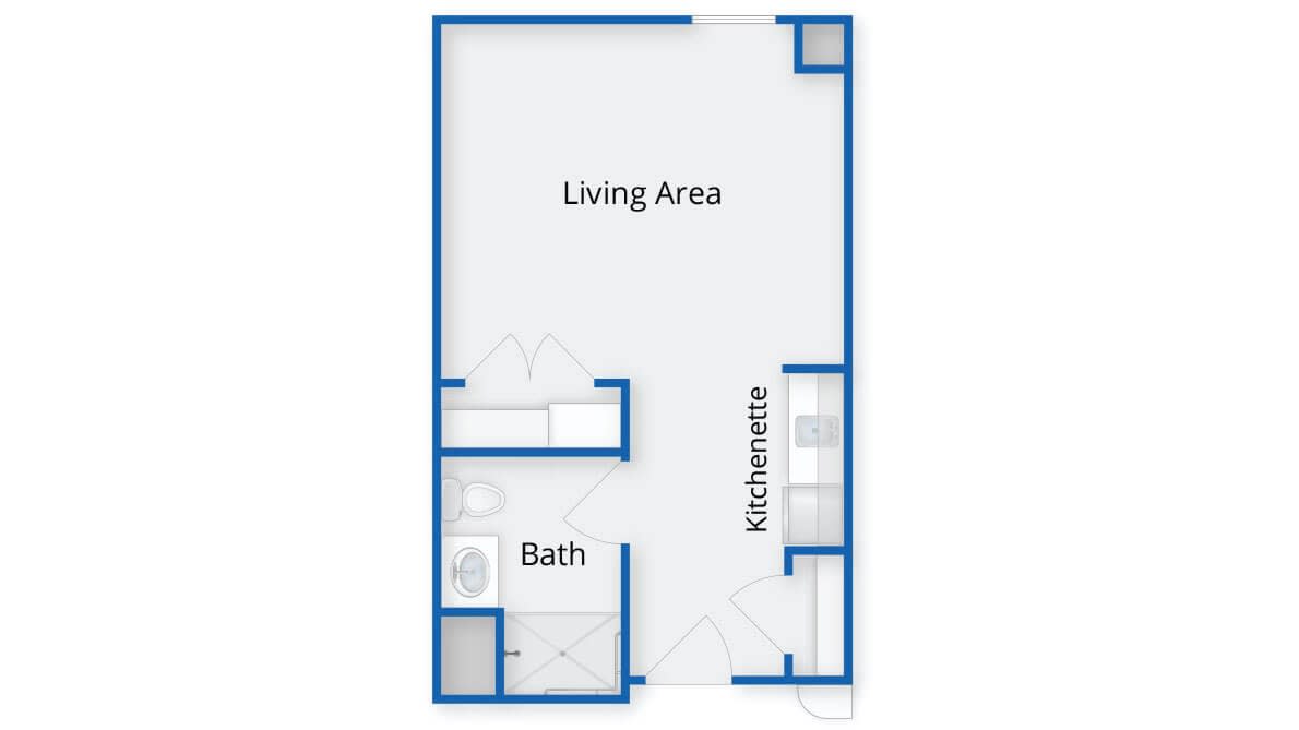 Floor plan of a studio apartment with designated areas for living, kitchenette, and bath.