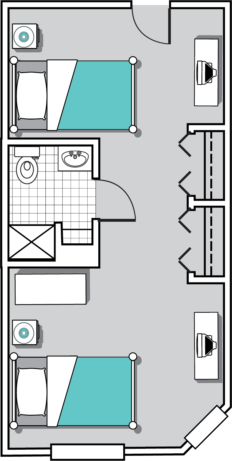 A floor plan showing a bedroom with an attached bathroom and a closet area.
