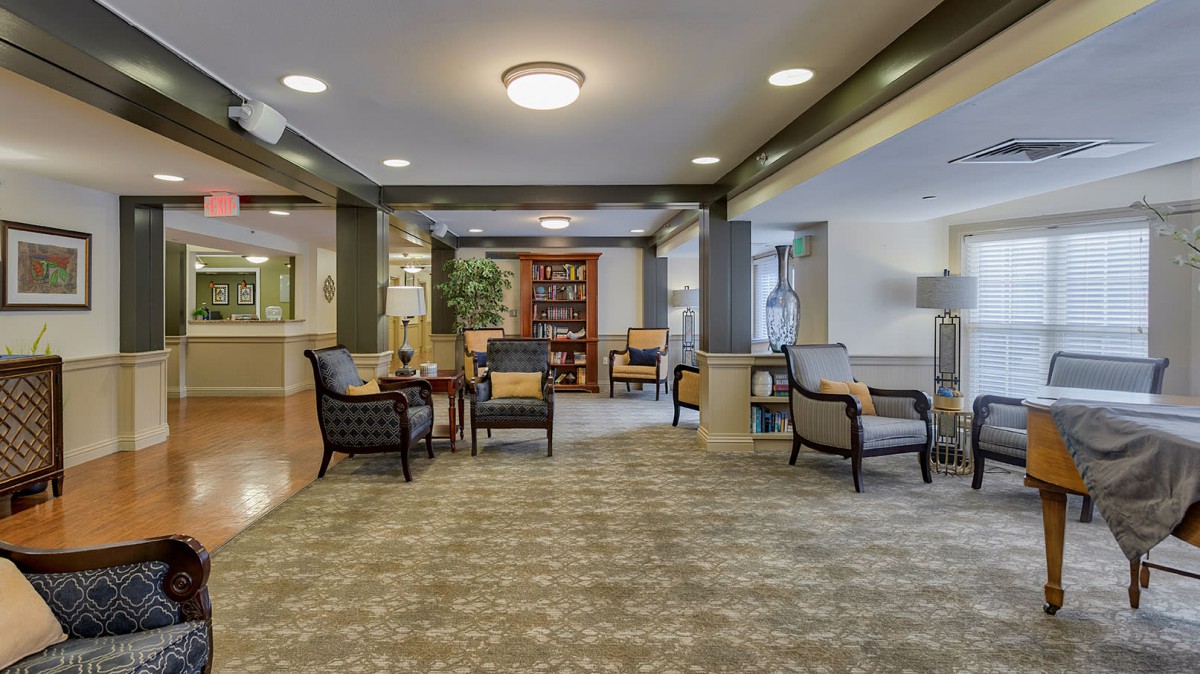 A spacious lobby with comfortable seating and a well-lit interior.