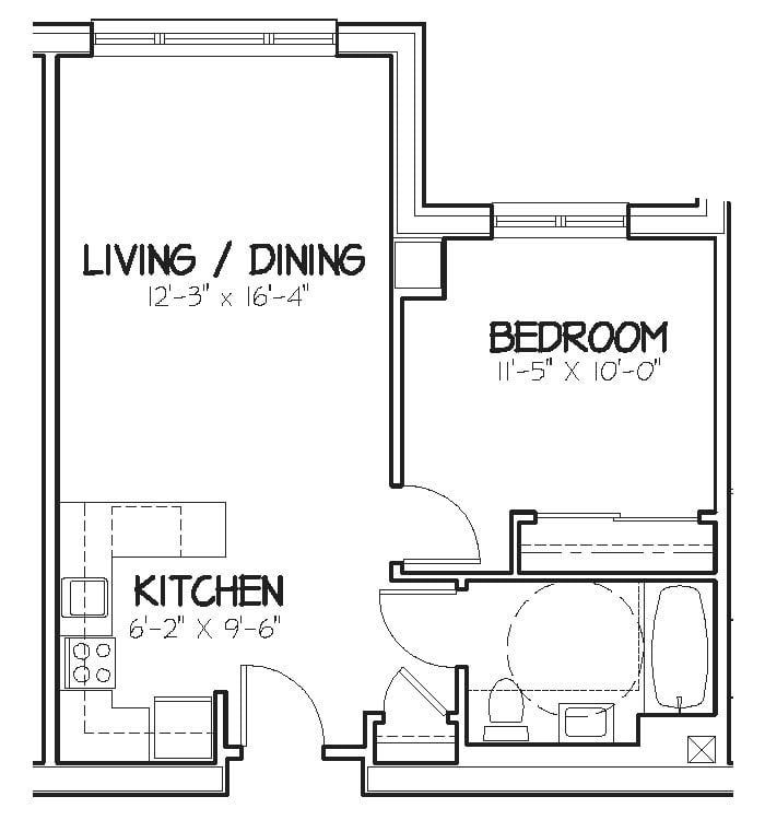 A floor plan showing a compact apartment layout with a living/dining area, kitchen, and bedroom.